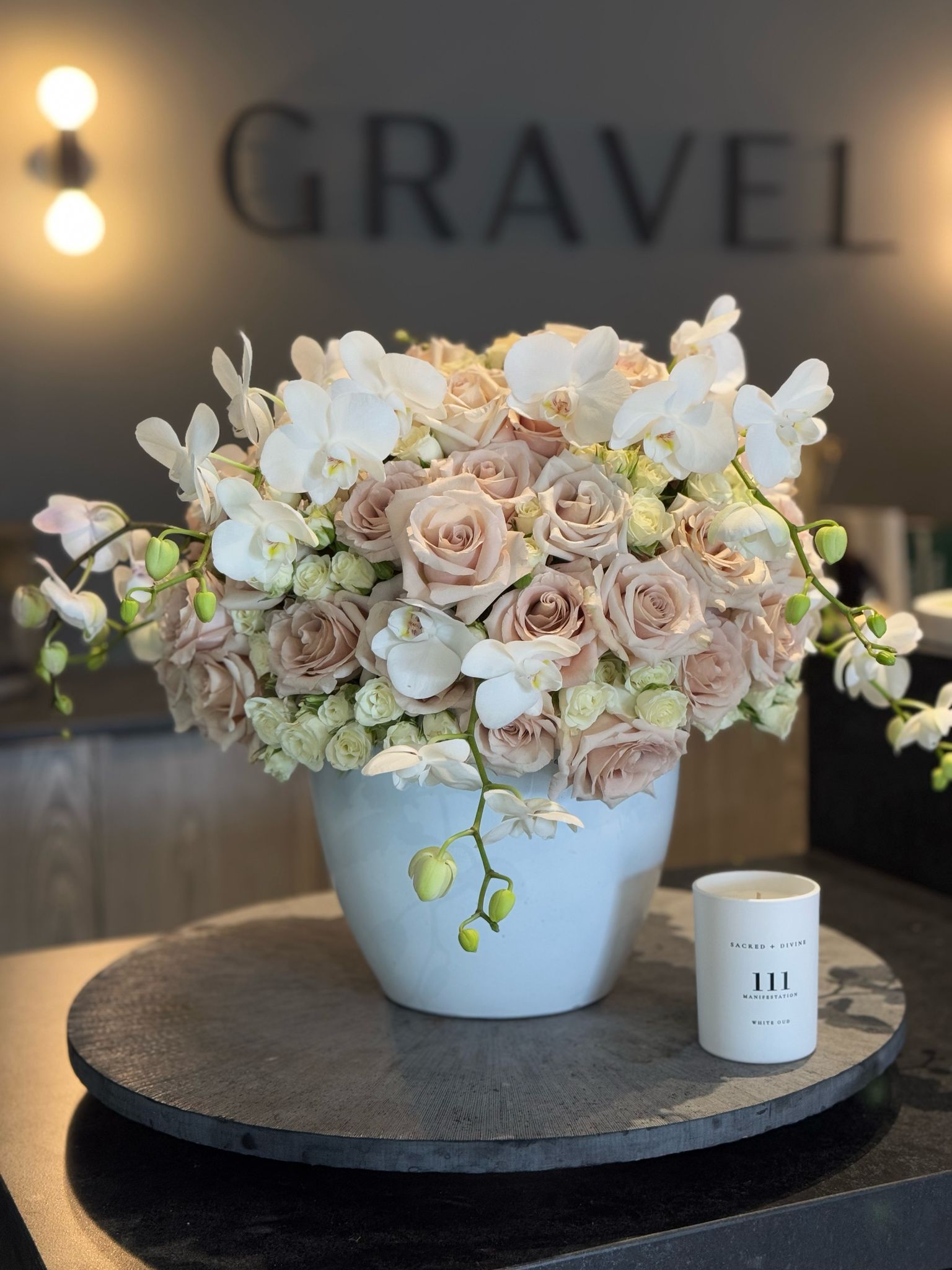 Blush Roses and White Orchids Floral Arrangement in White Newport