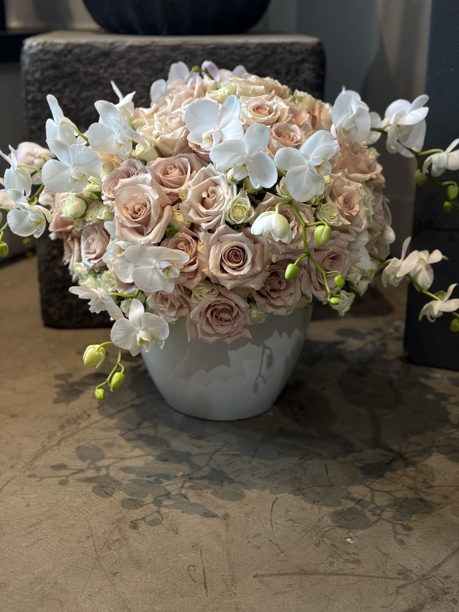 Blush Roses and White Orchids Floral Arrangement in White Newport