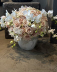 Blush Roses and White Orchids Floral Arrangement in White Newport
