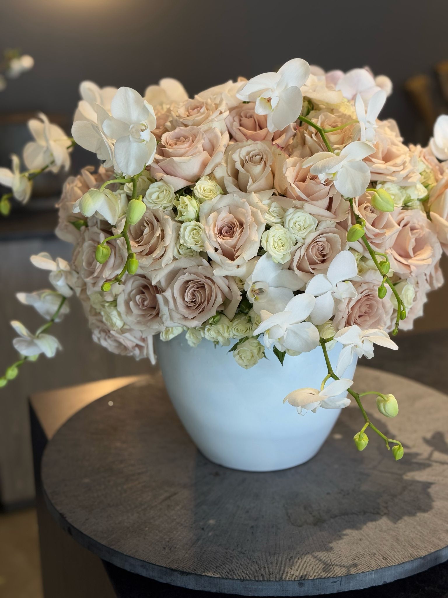 Blush Roses and White Orchids Floral Arrangement in White Newport