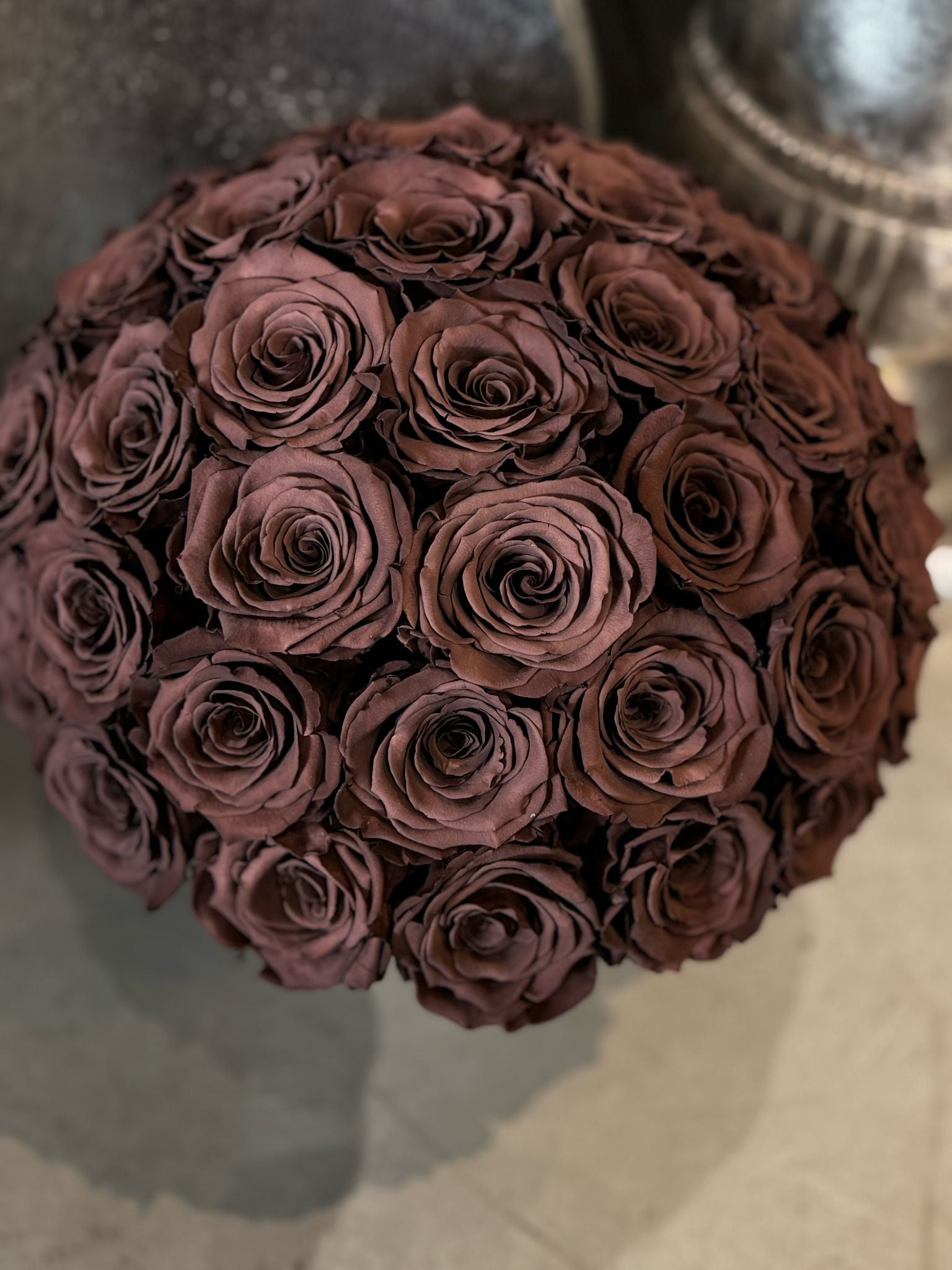 Brown Roses - Preserved Chocolate Roses in Grey Cement Pot