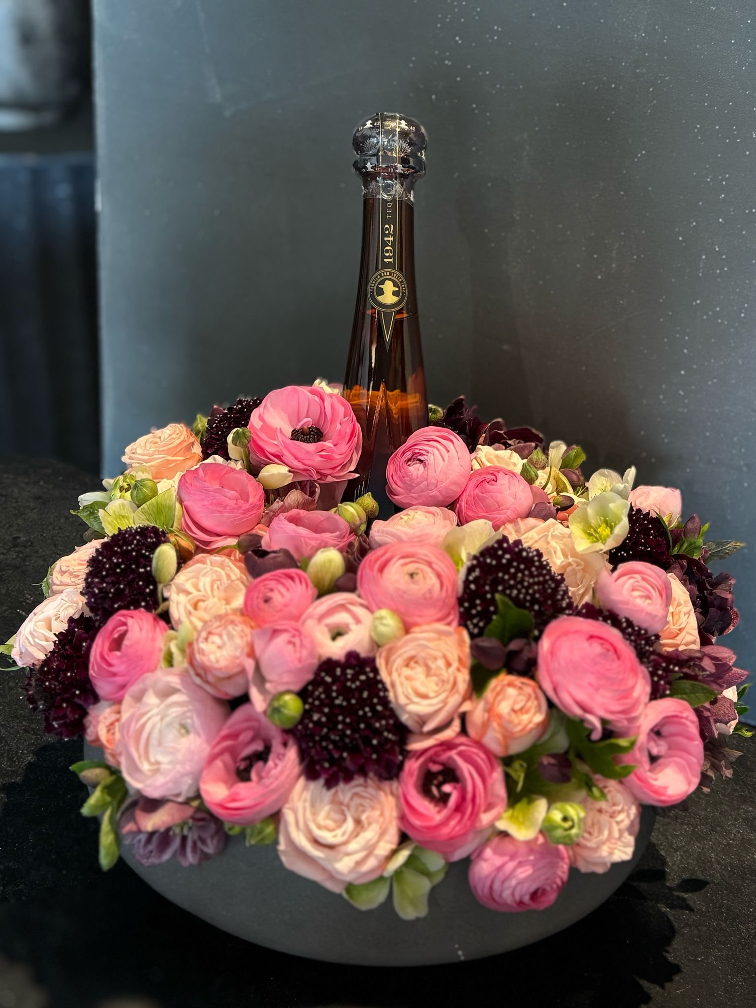 Rochelle Gift Basket - Pink Flowers Gift Basket flowers With Wine or Champagne Arrangement
