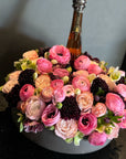Rochelle Gift Basket - Pink Flowers Gift Basket flowers With Wine or Champagne Arrangement
