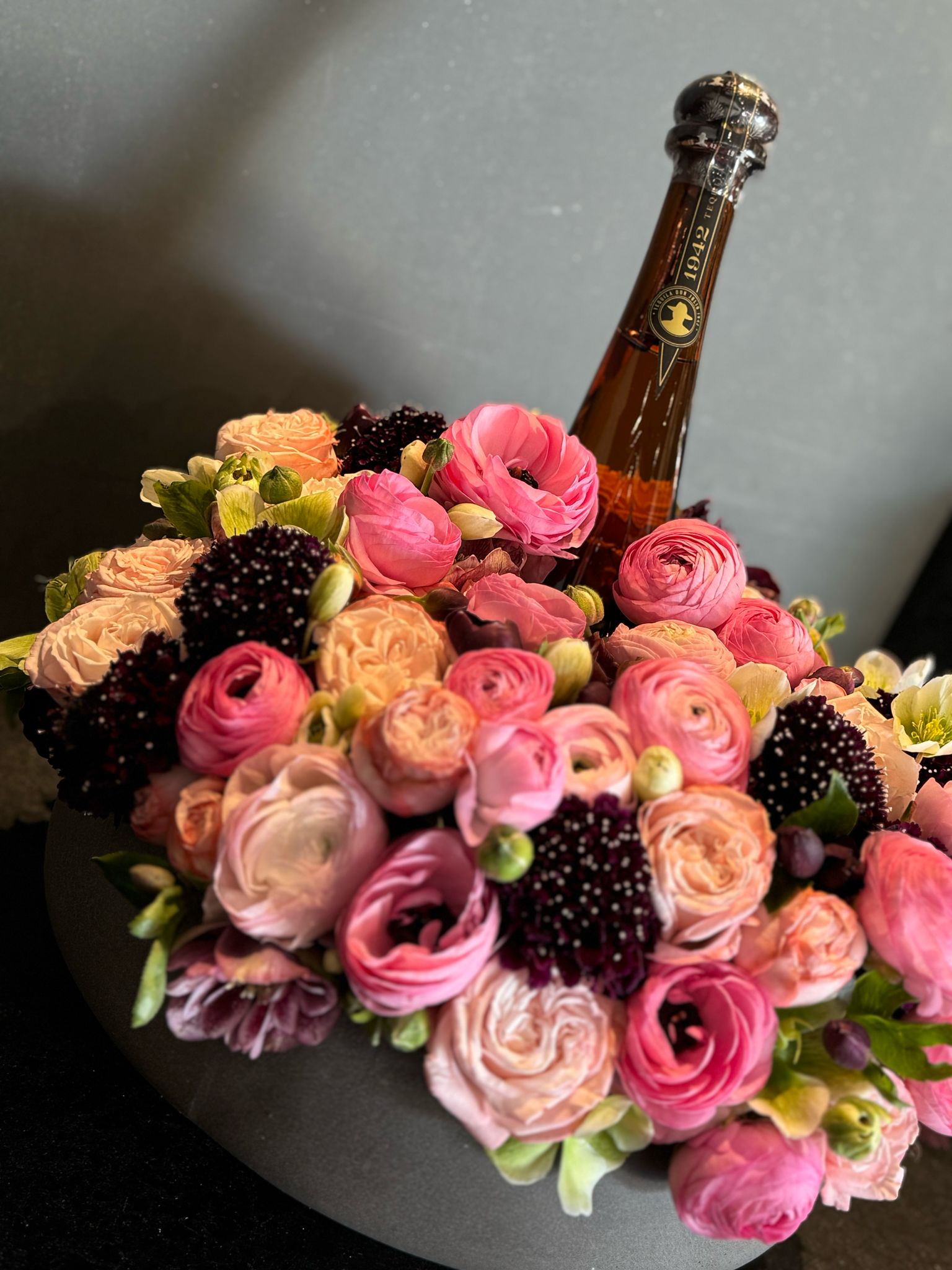 Rochelle Gift Basket - Pink Flowers Gift Basket flowers With Wine or Champagne Arrangement