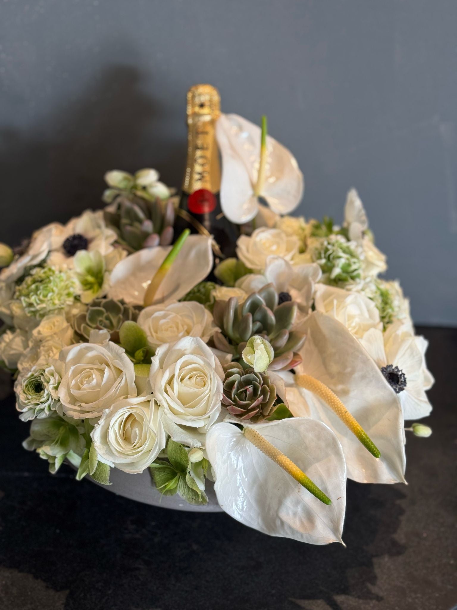 White Flowers with Alcohol Gift Box
