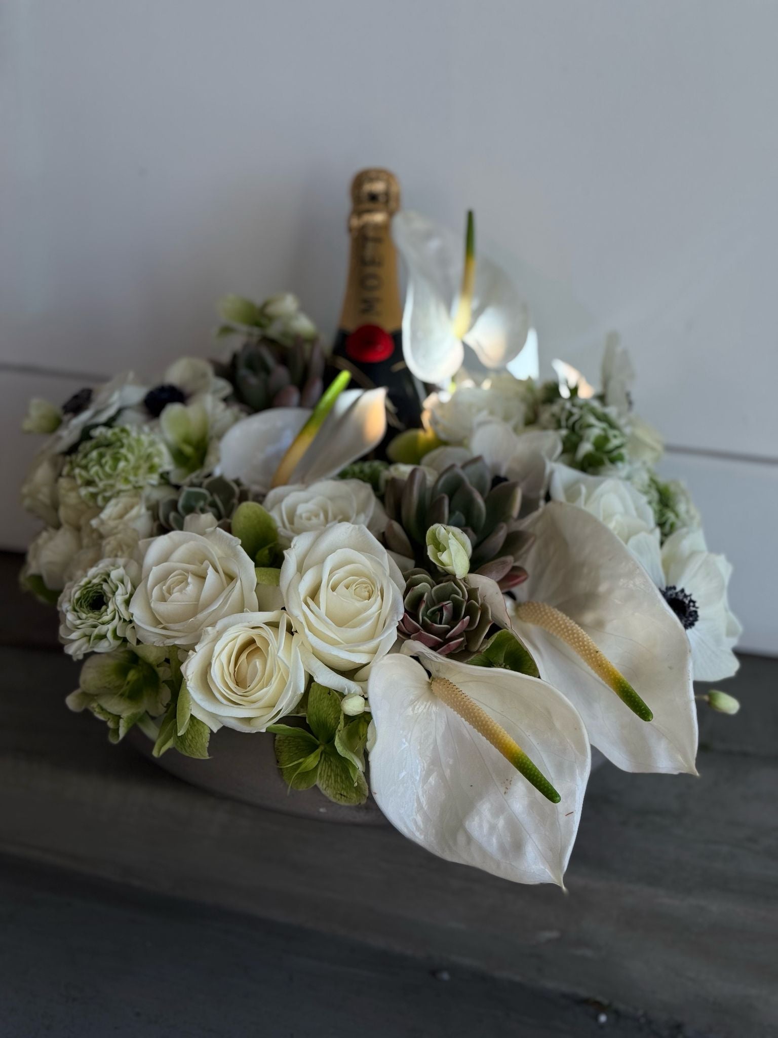 White Flowers with Alcohol Gift Box
