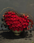 Deep Red Preserved Roses, Preserved Red Eucalyptus in Gold Vase Floral Arrangement
