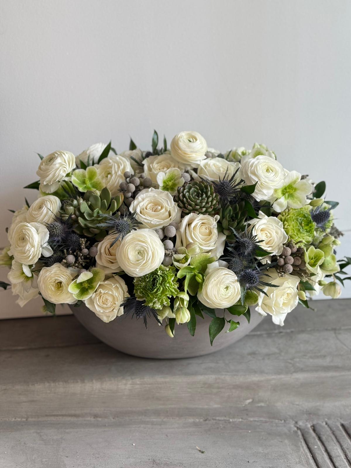 Ansley Floral Arrangement - White Flowers, White Roses, Green Flowers Succulents