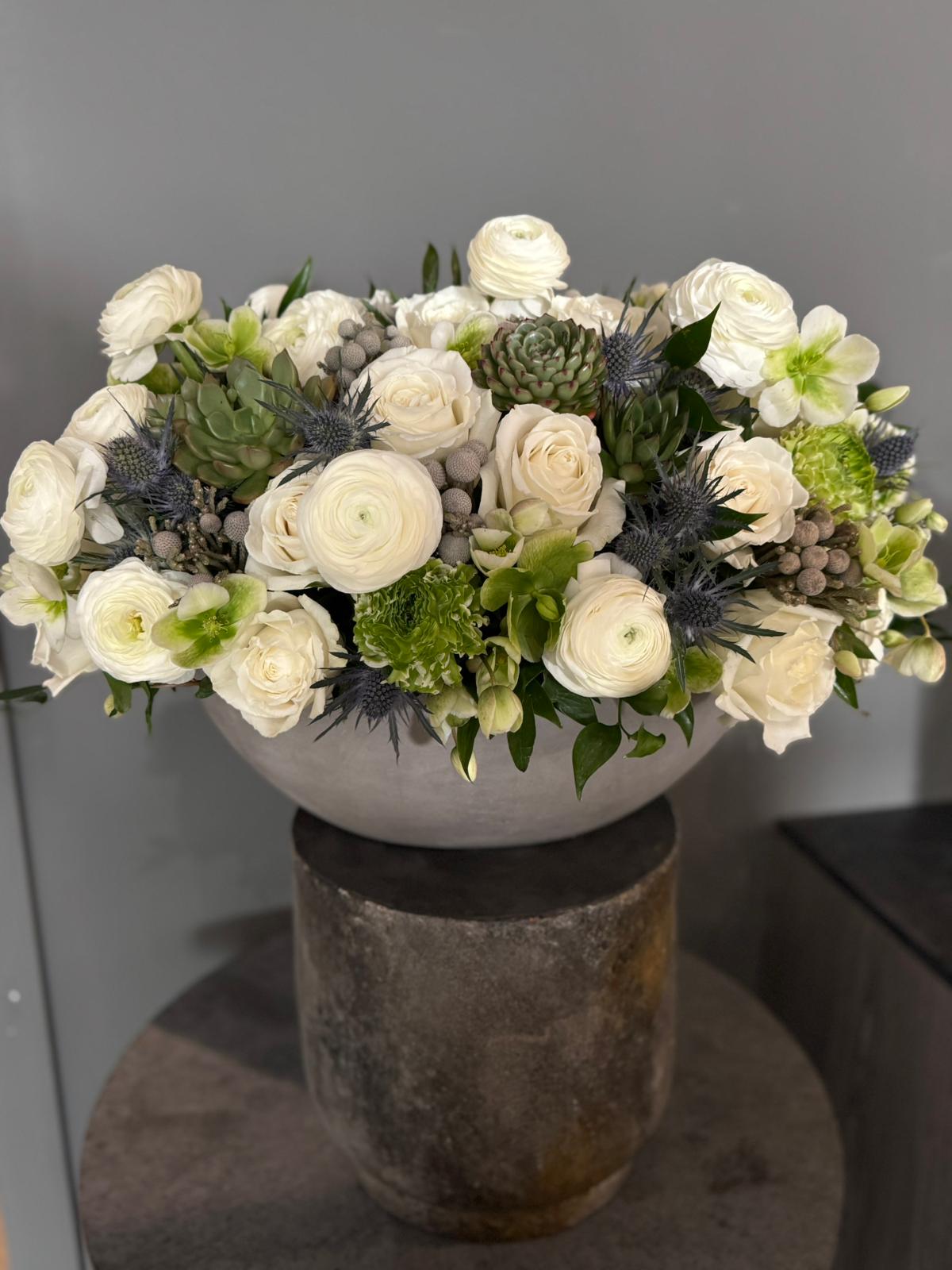 Ansley Floral Arrangement - White Flowers, White Roses, Green Flowers Succulents