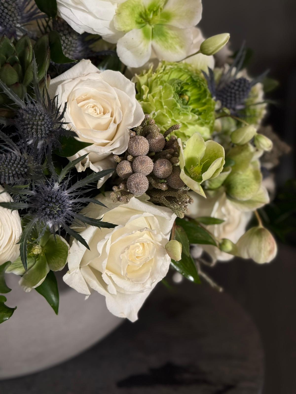 Ansley Floral Arrangement - White Flowers, White Roses, Green Flowers Succulents