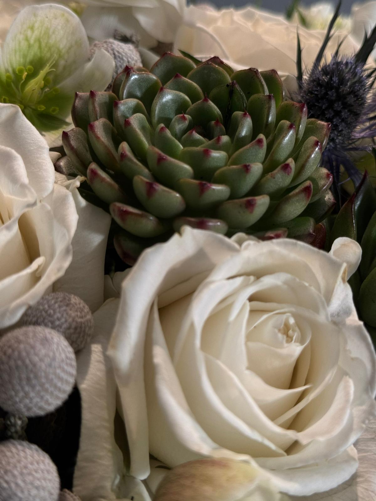 white roses and succulents The Ansley – GRAVEL Florals & Curiosities