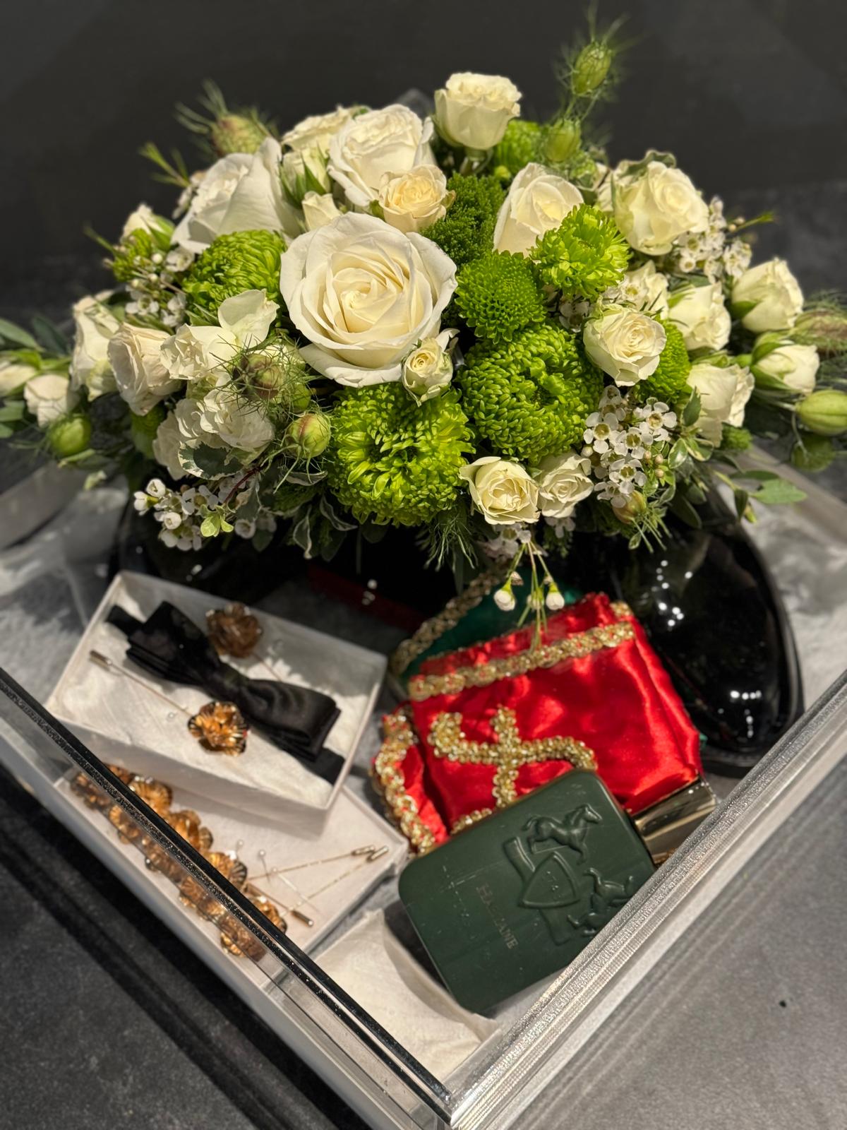 Wedding Gift Baskets Traditional Armenian Sini With Flowers, Groom Bowtie, Shoes