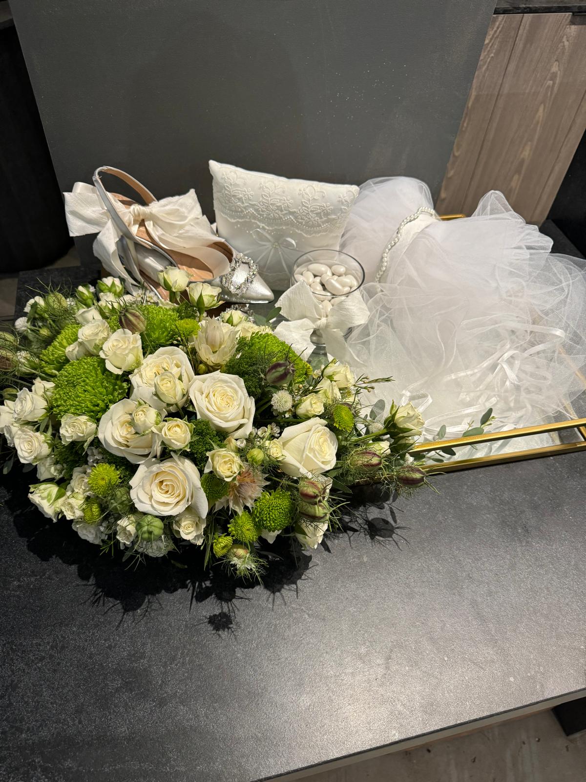 Wedding Gift Baskets Traditional Armenian Sini With Flowers, Bridal Shoes and Veil