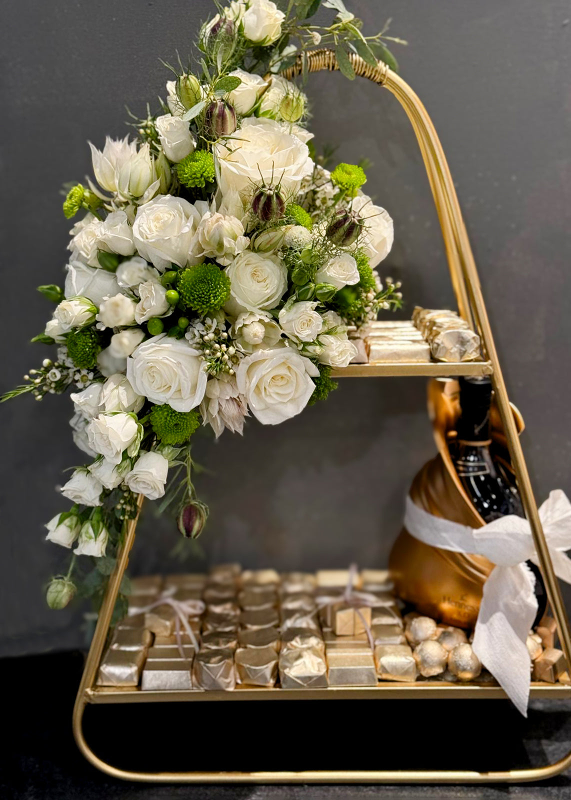 Wedding Gift Basket Sini With Cognac, Flowers, and Chocolates
