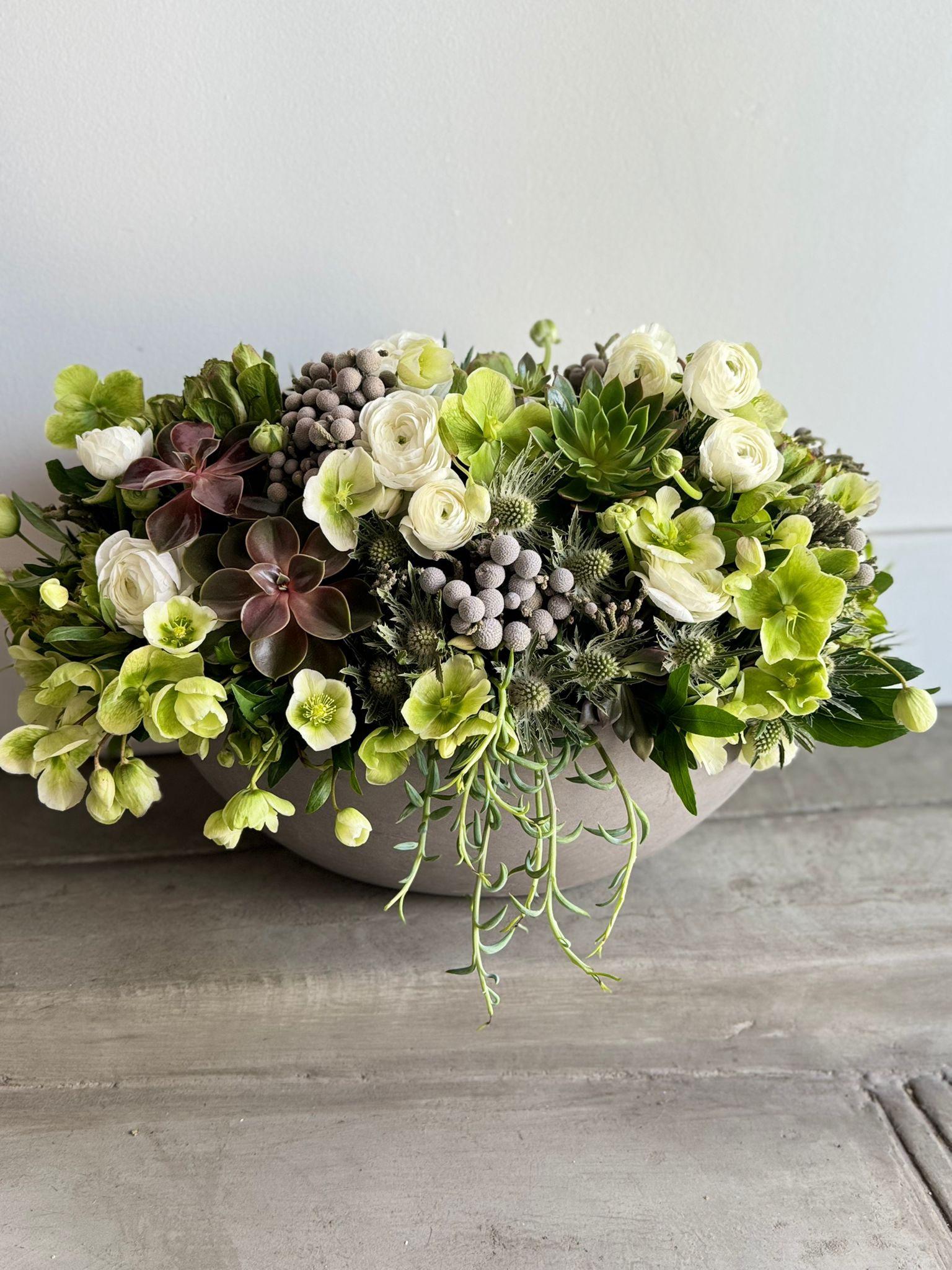White Ranunculus - Luciana White Flowers and Succulents Floral Arrangement (Premium Size)
