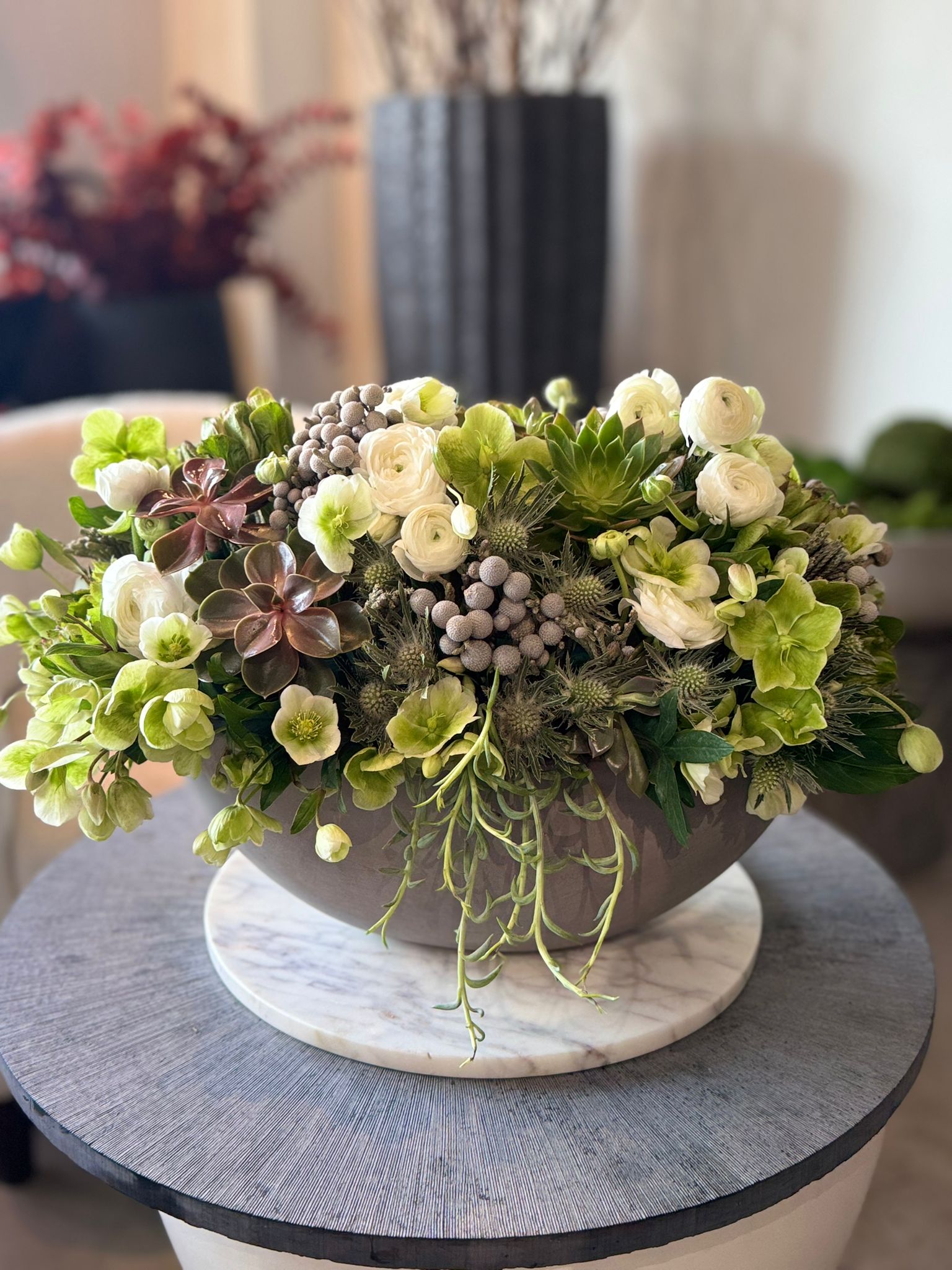 White Ranunculus - Luciana White Flowers and Succulents Floral Arrangement (Premium Size)