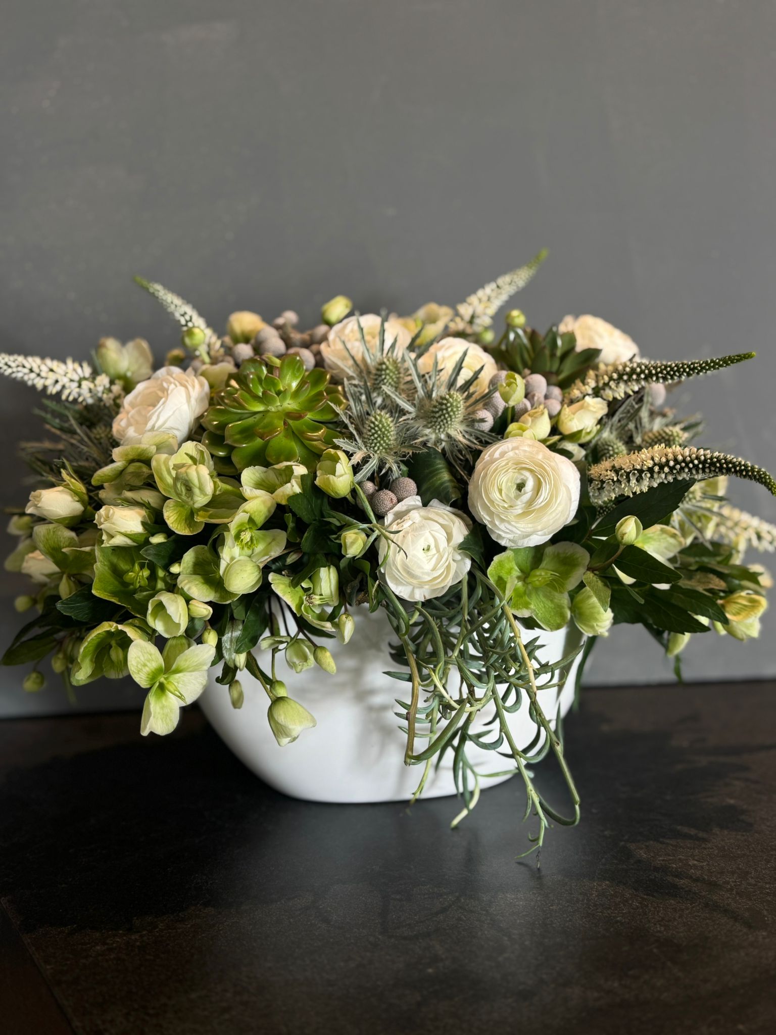 The Luciana - White Ranunculus and Succulents Classic Size