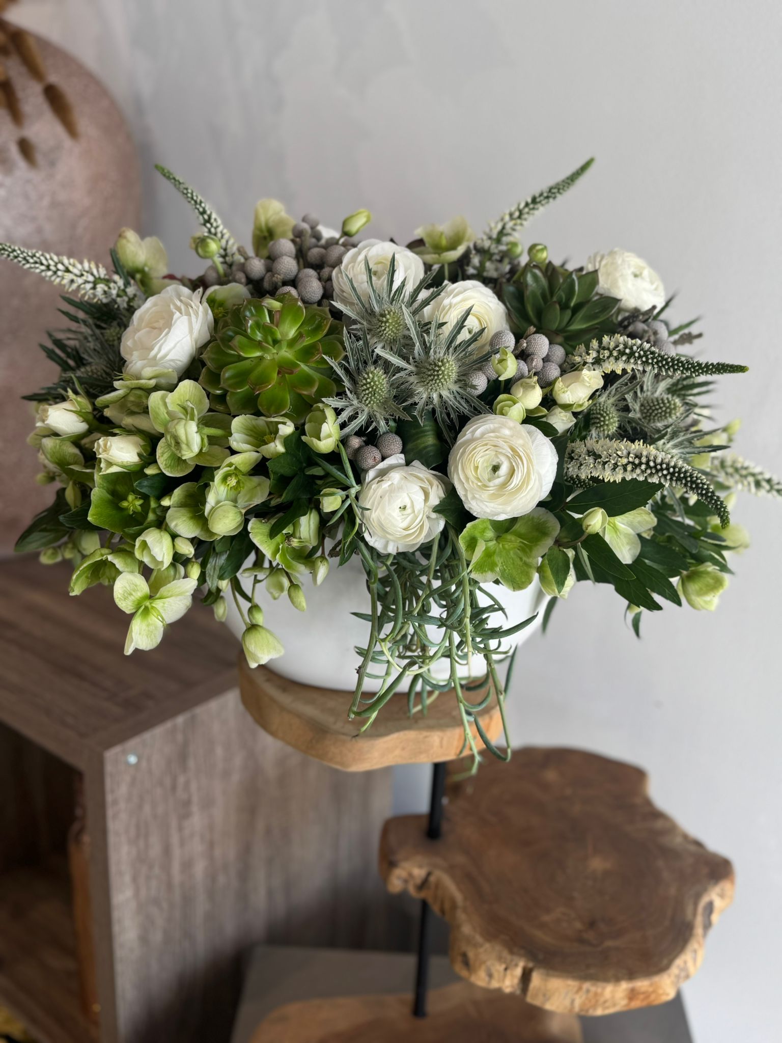 The Luciana - White Ranunculus and Succulents Classic Size