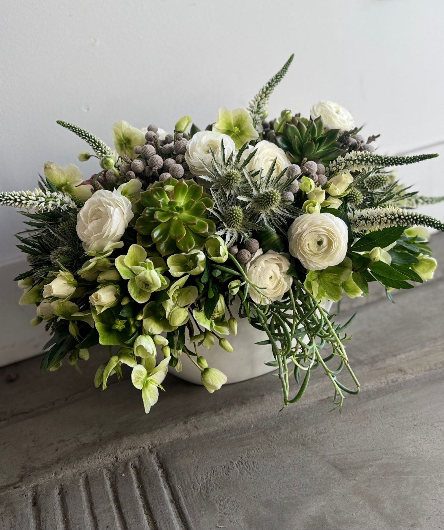 The Luciana - White Ranunculus and Succulents Classic Size