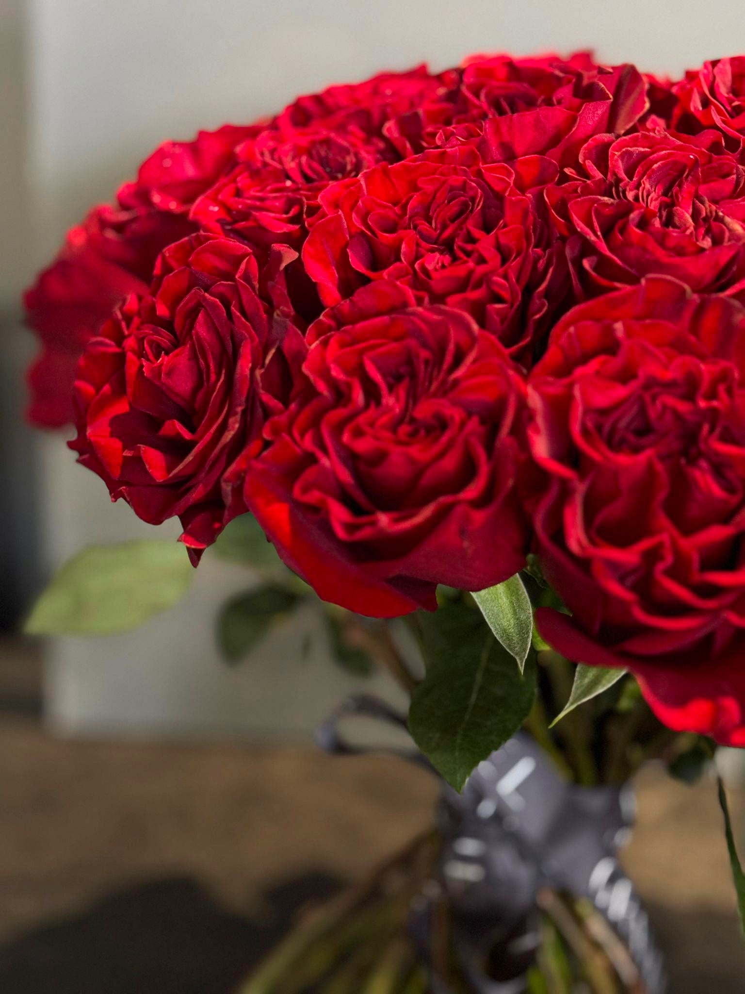 Red Roses Valentine's Day Hand Bouquet - 50 Red Hearts Roses Close Up 