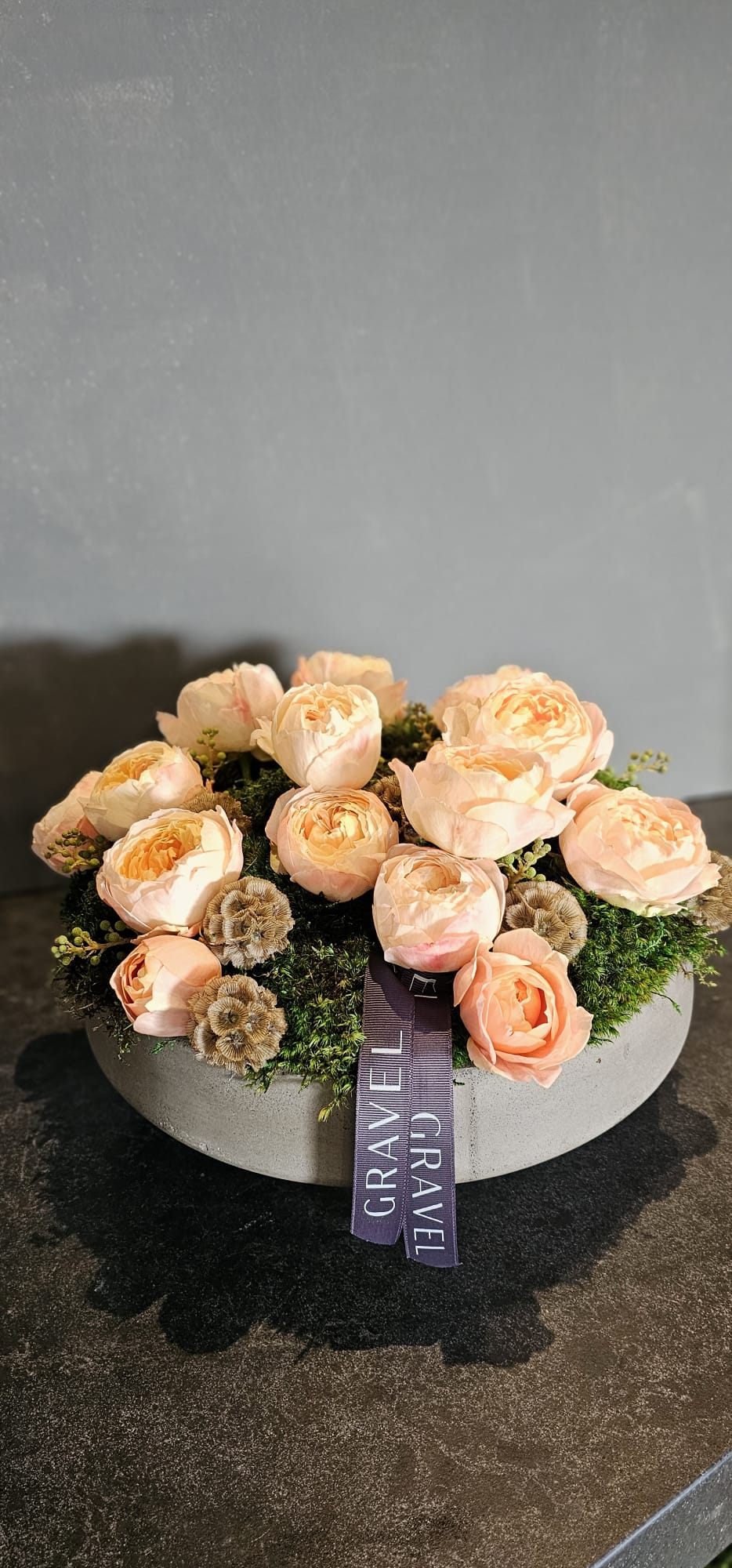 The Adeline - Peach Akito Garden Roses and Preserved Moss Flower Arrangement