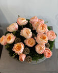 The Adeline - Peach Akito Garden Roses and Preserved Moss Flower Arrangement