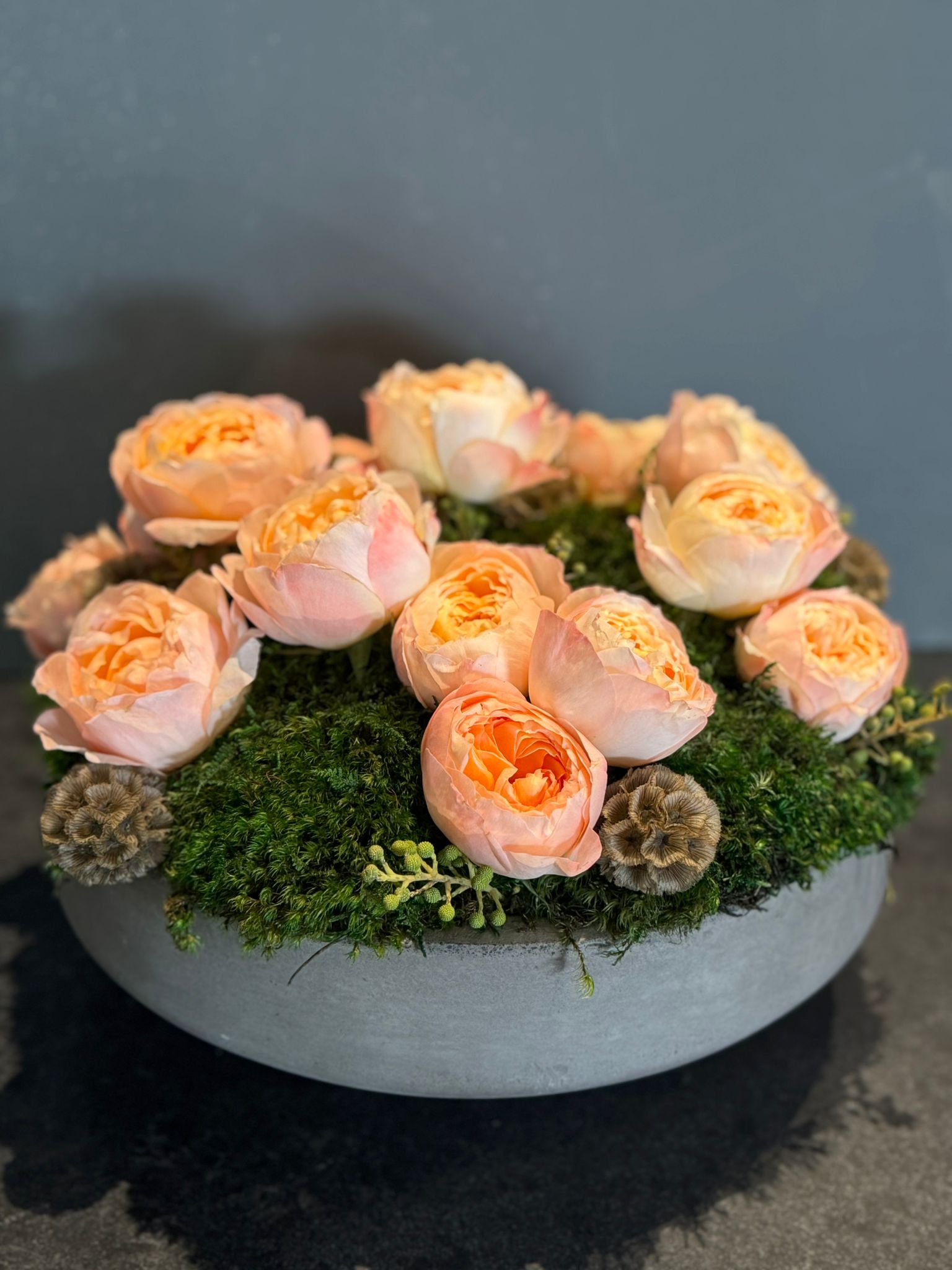 The Adeline - Peach Akito Garden Roses and Preserved Moss Flower Arrangement