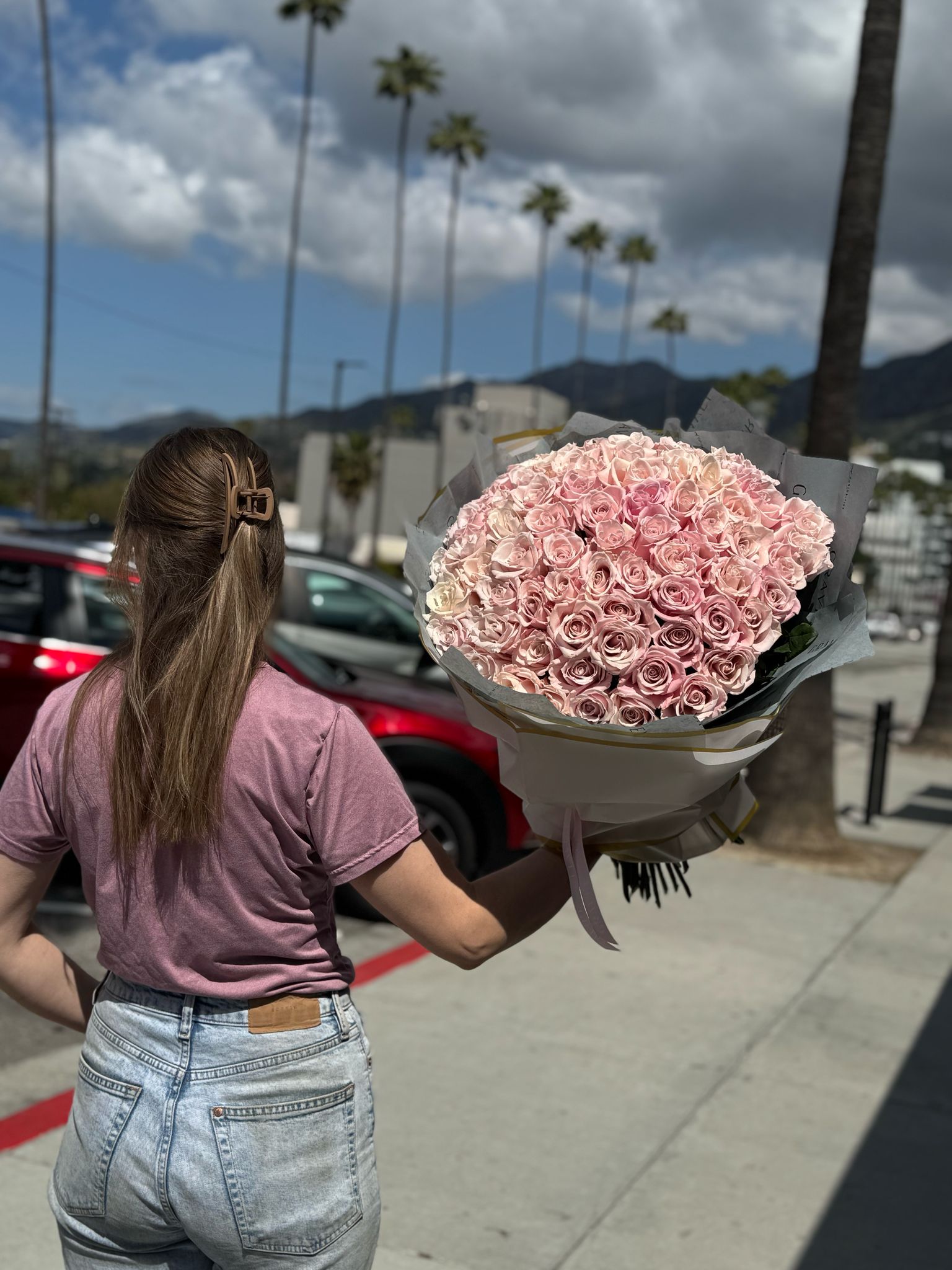 Hand - tied Bouquet of Pink Roses