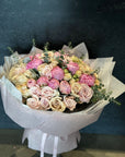 Pink Peonies, Eskimo Roses, Quicksand Roses, Irishka Spray Roses, and Eucalyptus Bouquet