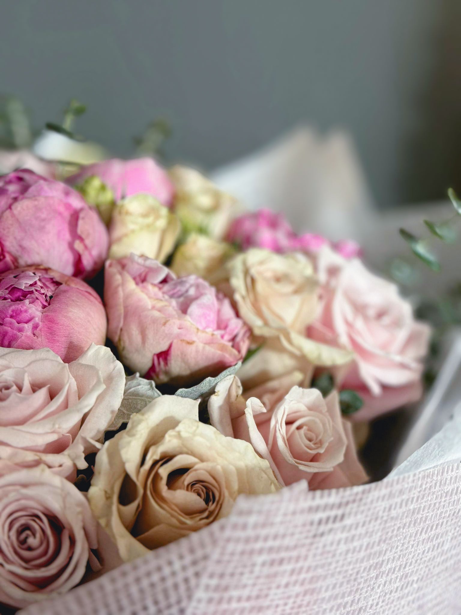 Pink Peonies, Eskimo Roses, Quicksand Roses, Irishka Spray Roses, and Eucalyptus Bouquet