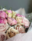 Pink Peonies, Eskimo Roses, Quicksand Roses, Irishka Spray Roses, and Eucalyptus Bouquet