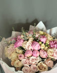 Pink Peonies, Eskimo Roses, Quicksand Roses, Irishka Spray Roses, and Eucalyptus Bouquet