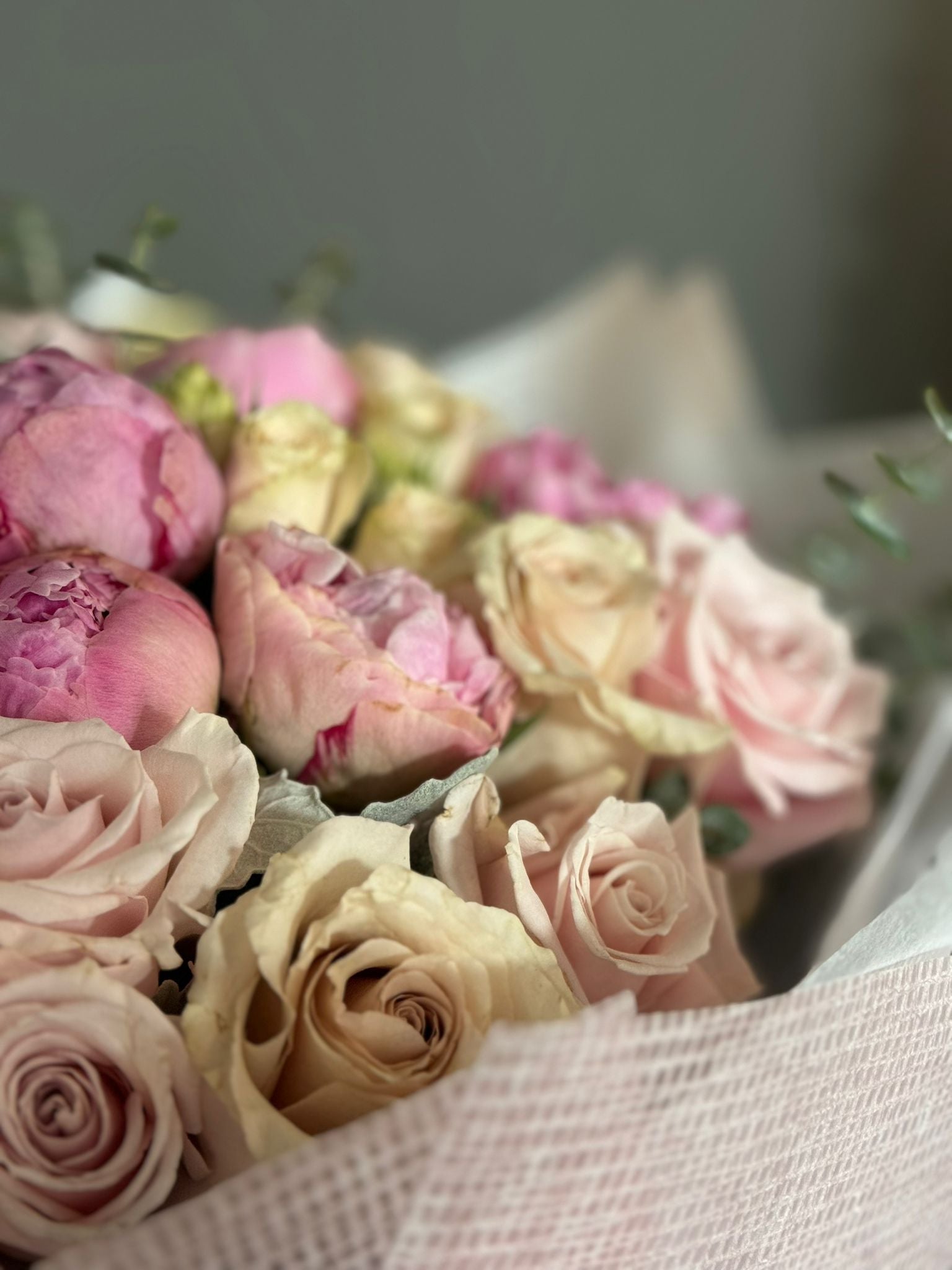 Pink Peonies, Eskimo Roses, Quicksand Roses, Irishka Spray Roses, and Eucalyptus Bouquet