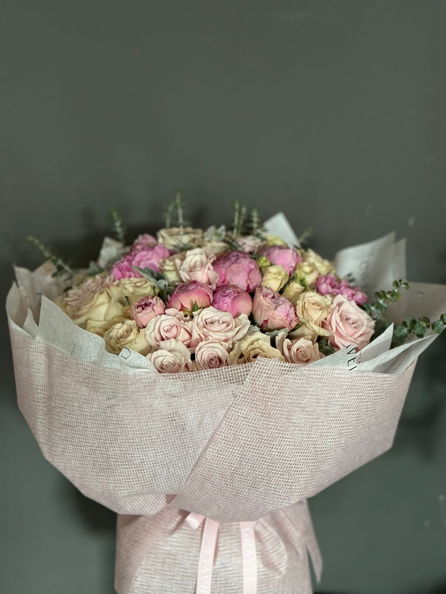 Pink Peonies, Eskimo Roses, Quicksand Roses, Irishka Spray Roses, and Eucalyptus Bouquet