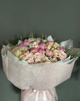 Pink Peonies, Eskimo Roses, Quicksand Roses, Irishka Spray Roses, and Eucalyptus Bouquet