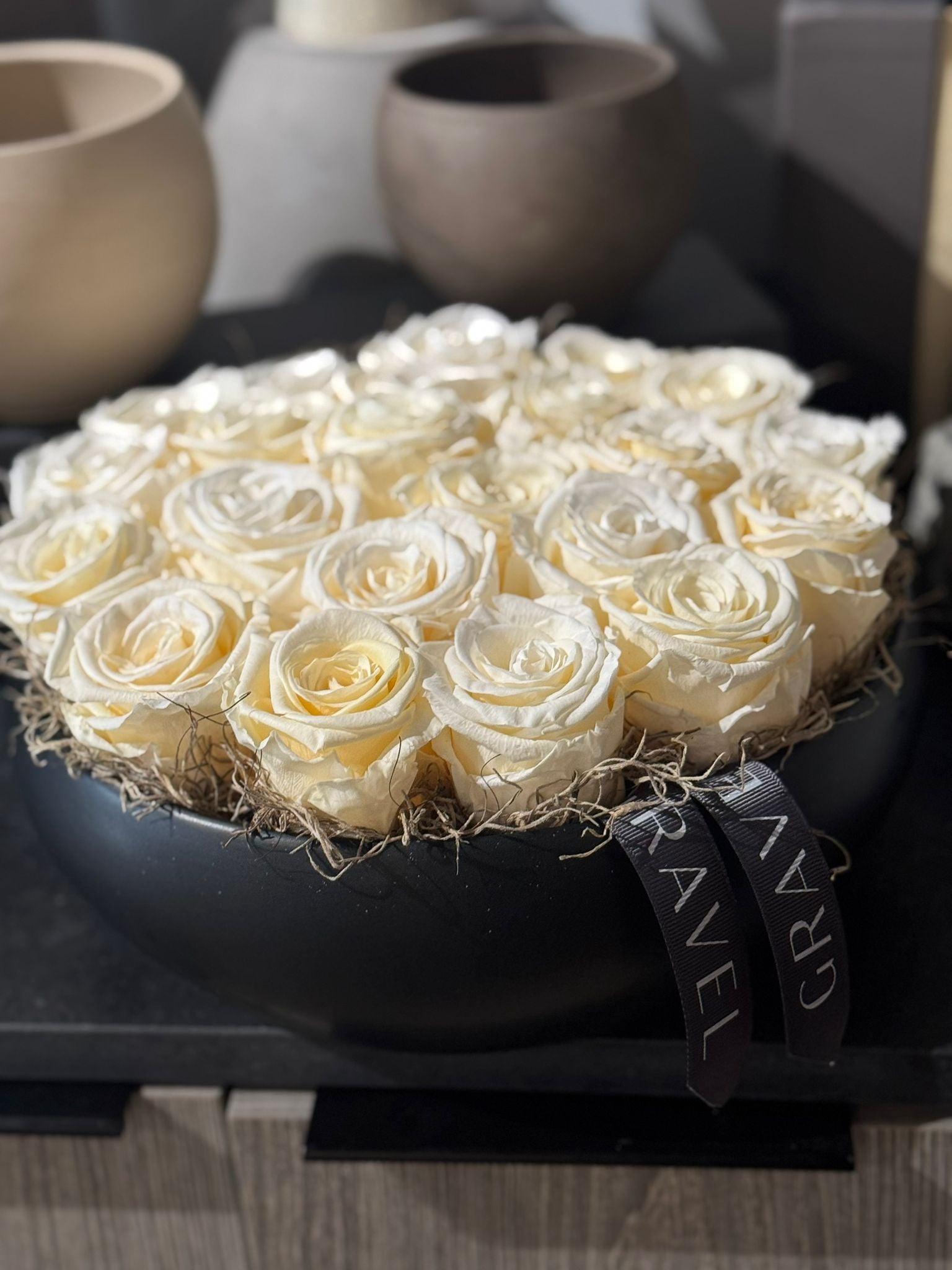 Preserved Roses in Round Bowl Floral Arrangement White