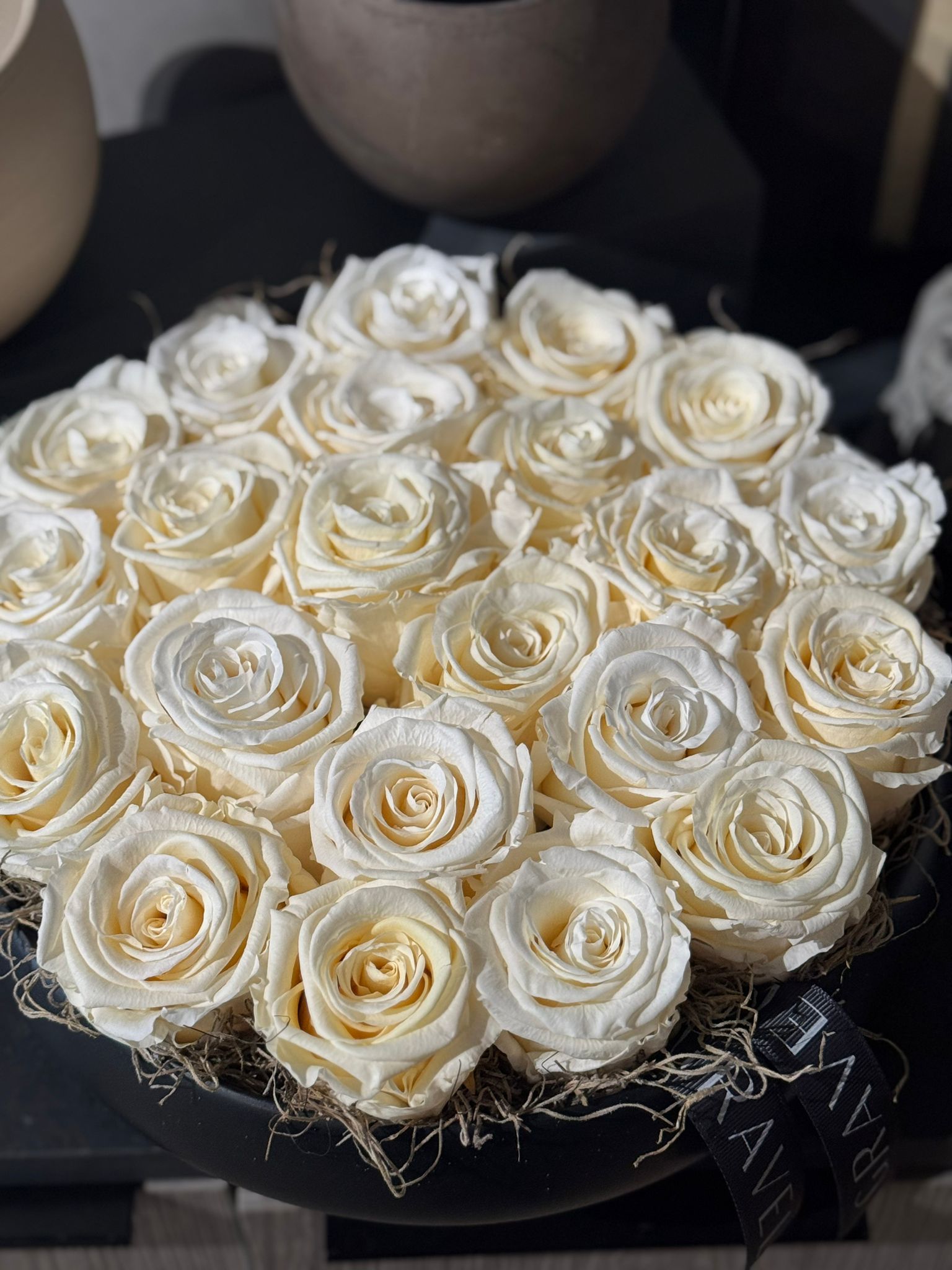 Preserved Roses in Round Bowl Floral Arrangement White