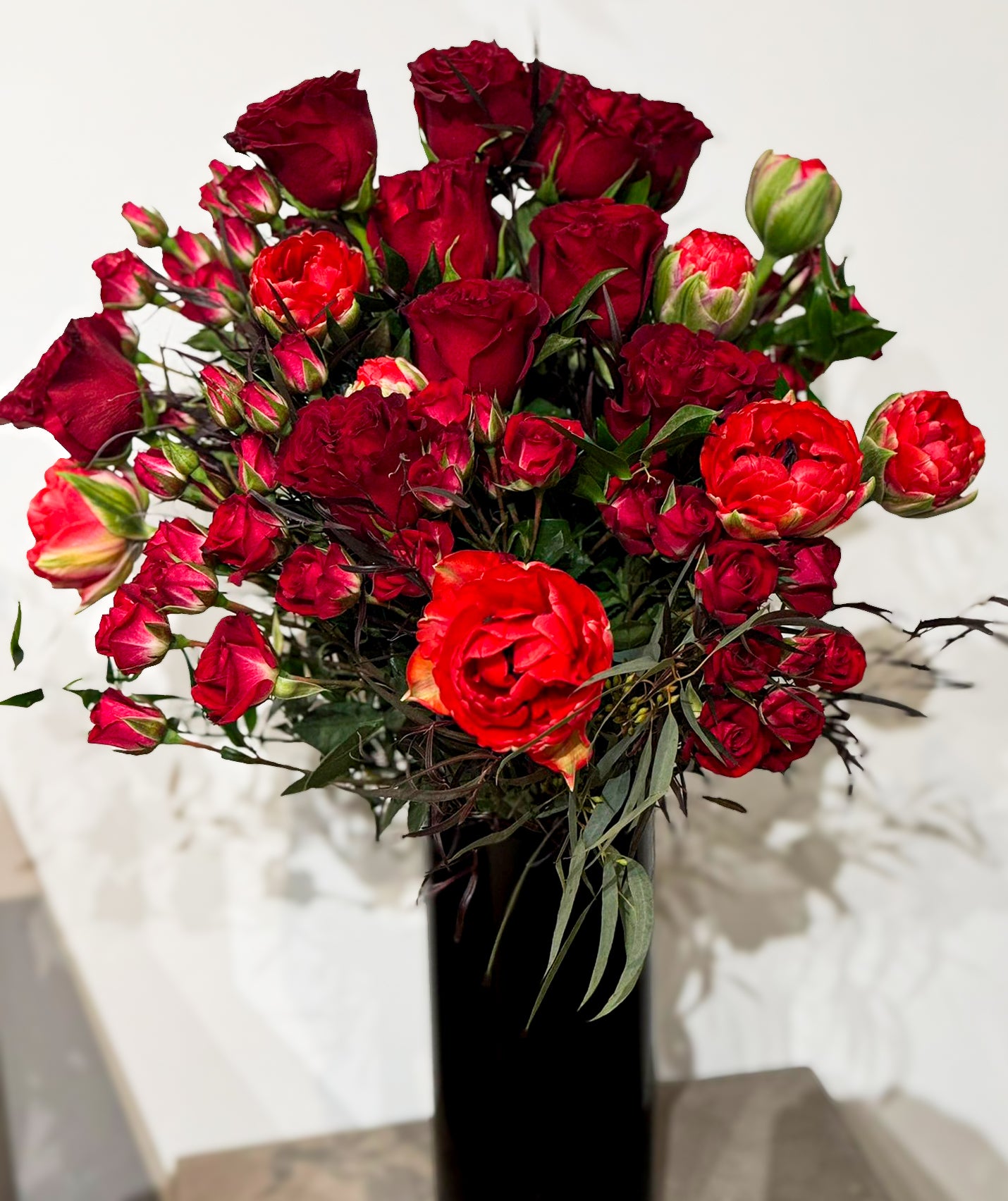 Red Roses, Tulips, and Agonis Bouquet - Nationwide Shipping