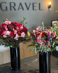 Red Roses, Lisianthus, Red Chrysanthemums, Agonis, and Italian Ruscus Hand Bouquet