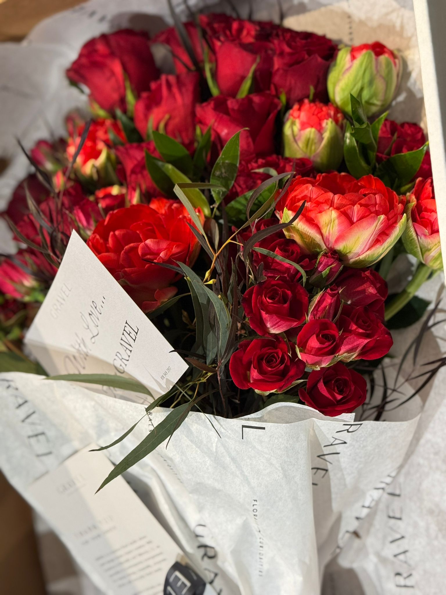 Red Roses, Tulips, and Agonis Bouquet - Nationwide Shipping