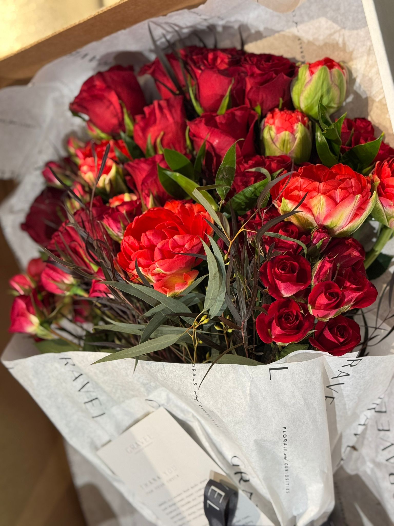 Red Roses, Tulips, and Agonis Bouquet - Nationwide Shipping