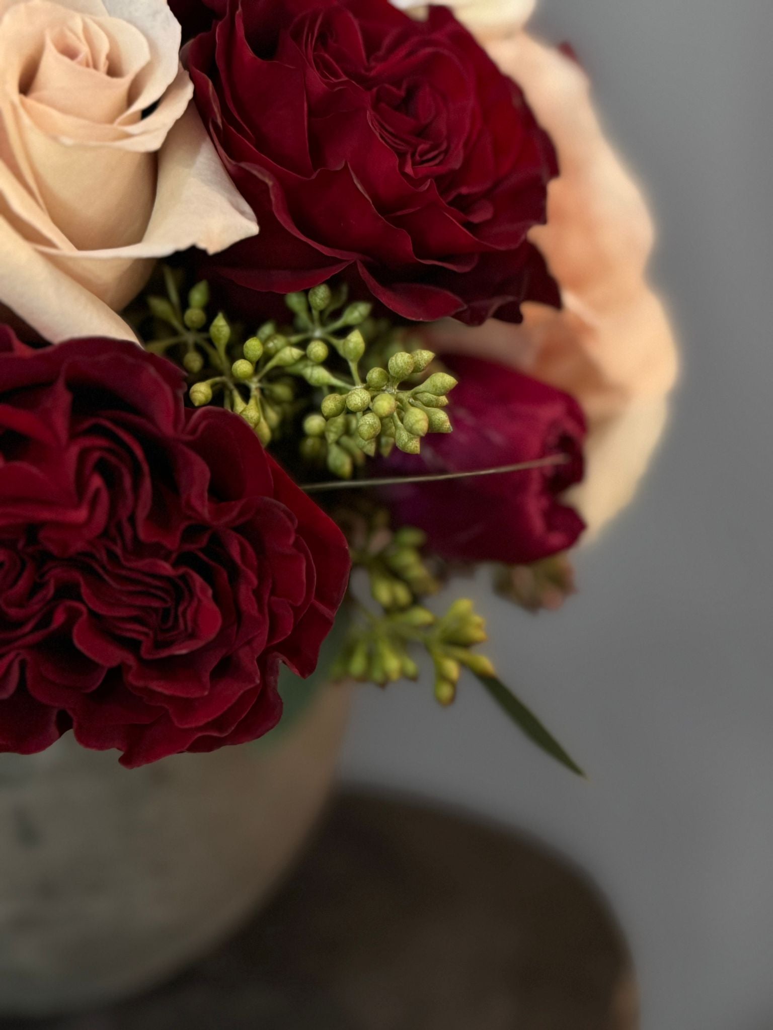 The Astrid - Pink Peonies, Red Roses, Ranunculus, and Quicksand Roses