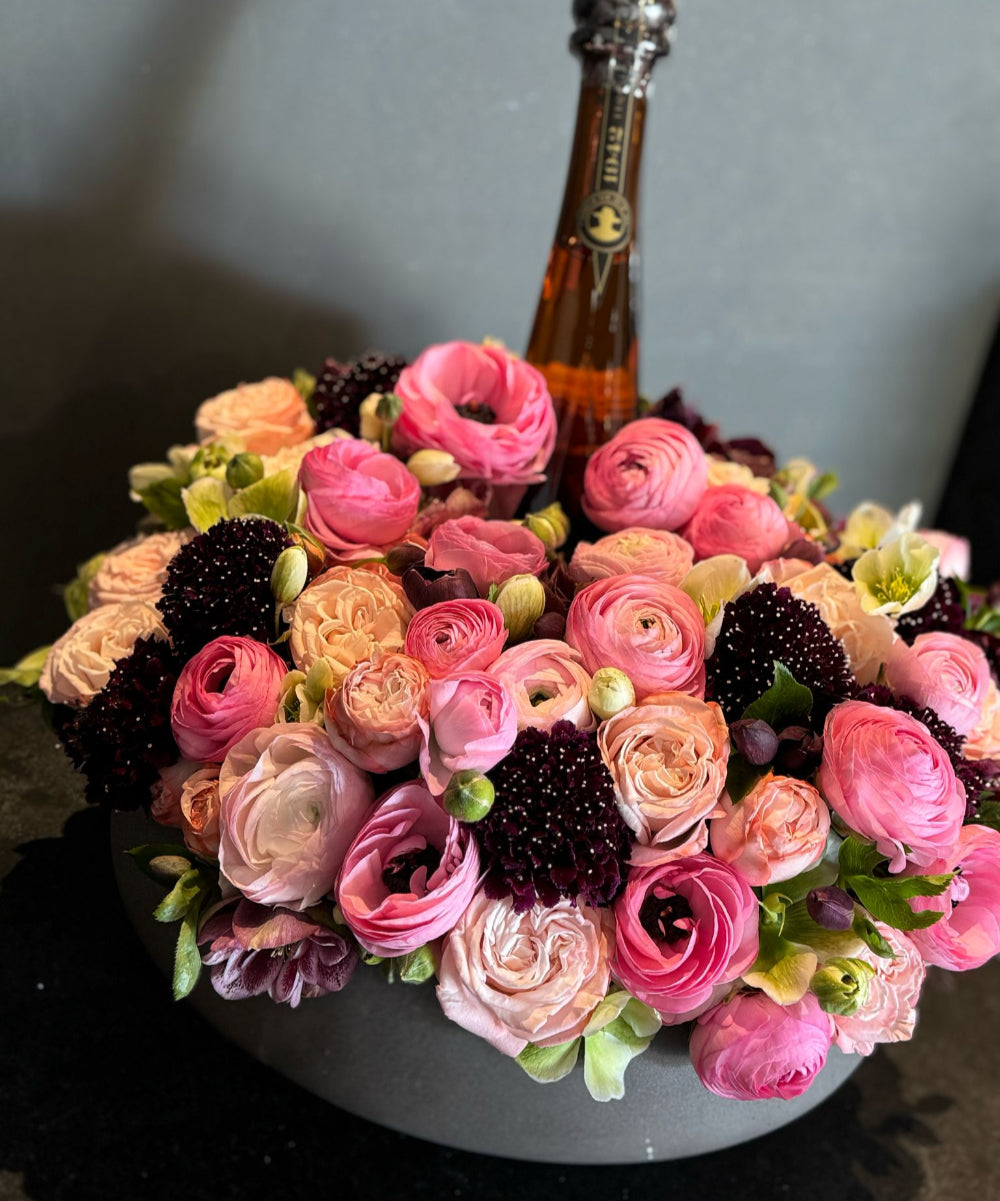 Rochelle Gift Basket - Pink Flowers Gift Basket flowers With Wine or Champagne Arrangement 