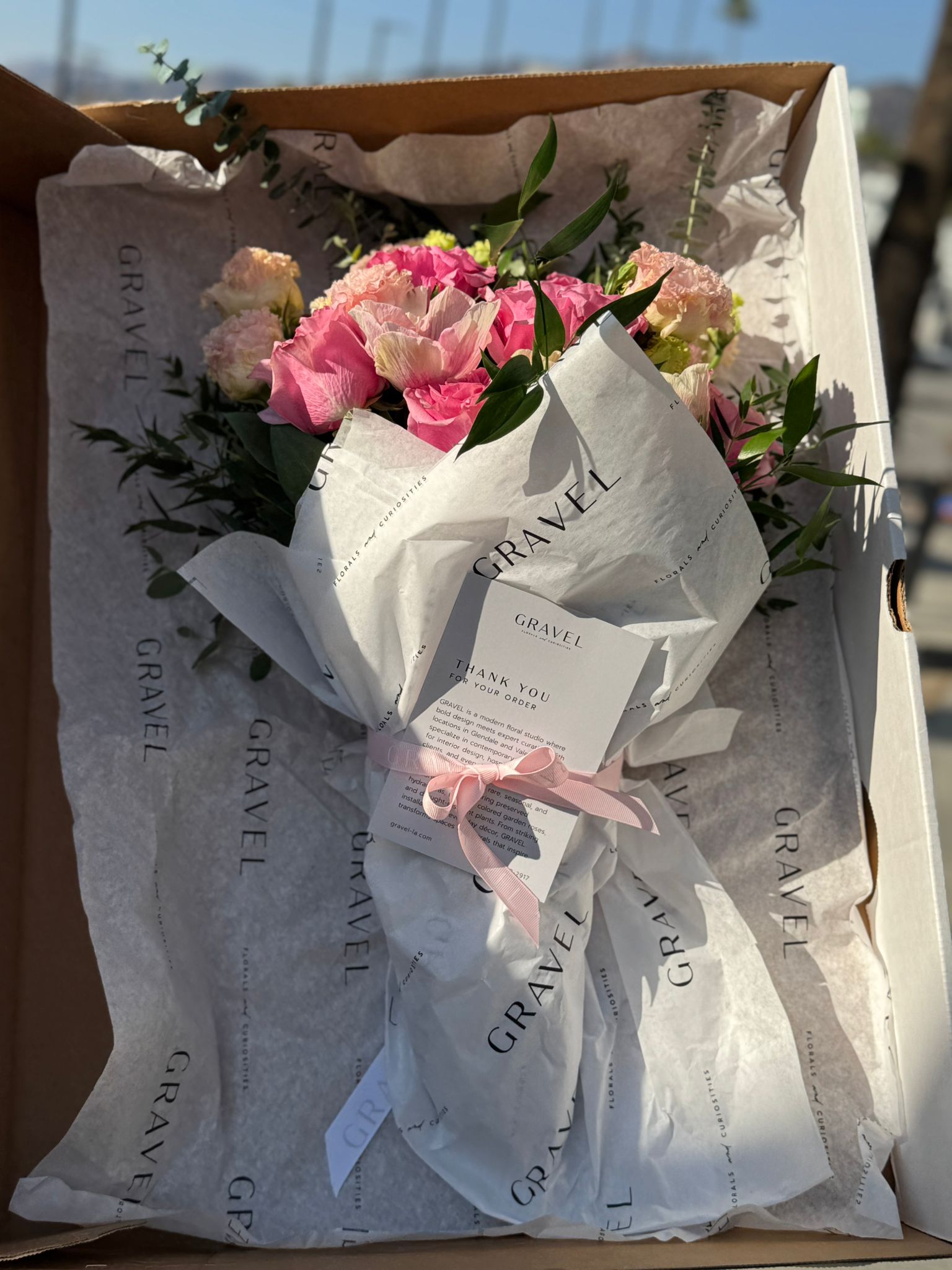 Pink Garden Roses, Pink Animons, Light Pink Lisianthus, and Italian Ruscus Hand Bouquet