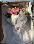 Pink Garden Roses, Pink Animons, Light Pink Lisianthus, and Italian Ruscus Hand Bouquet