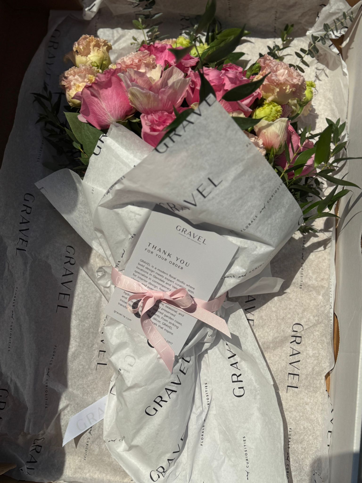 Pink Garden Roses, Pink Animons, Light Pink Lisianthus, and Italian Ruscus Hand Bouquet