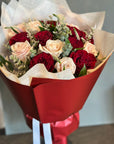 Red Hearts and Pink Eskimo Roses Valentine's Day Bouquet