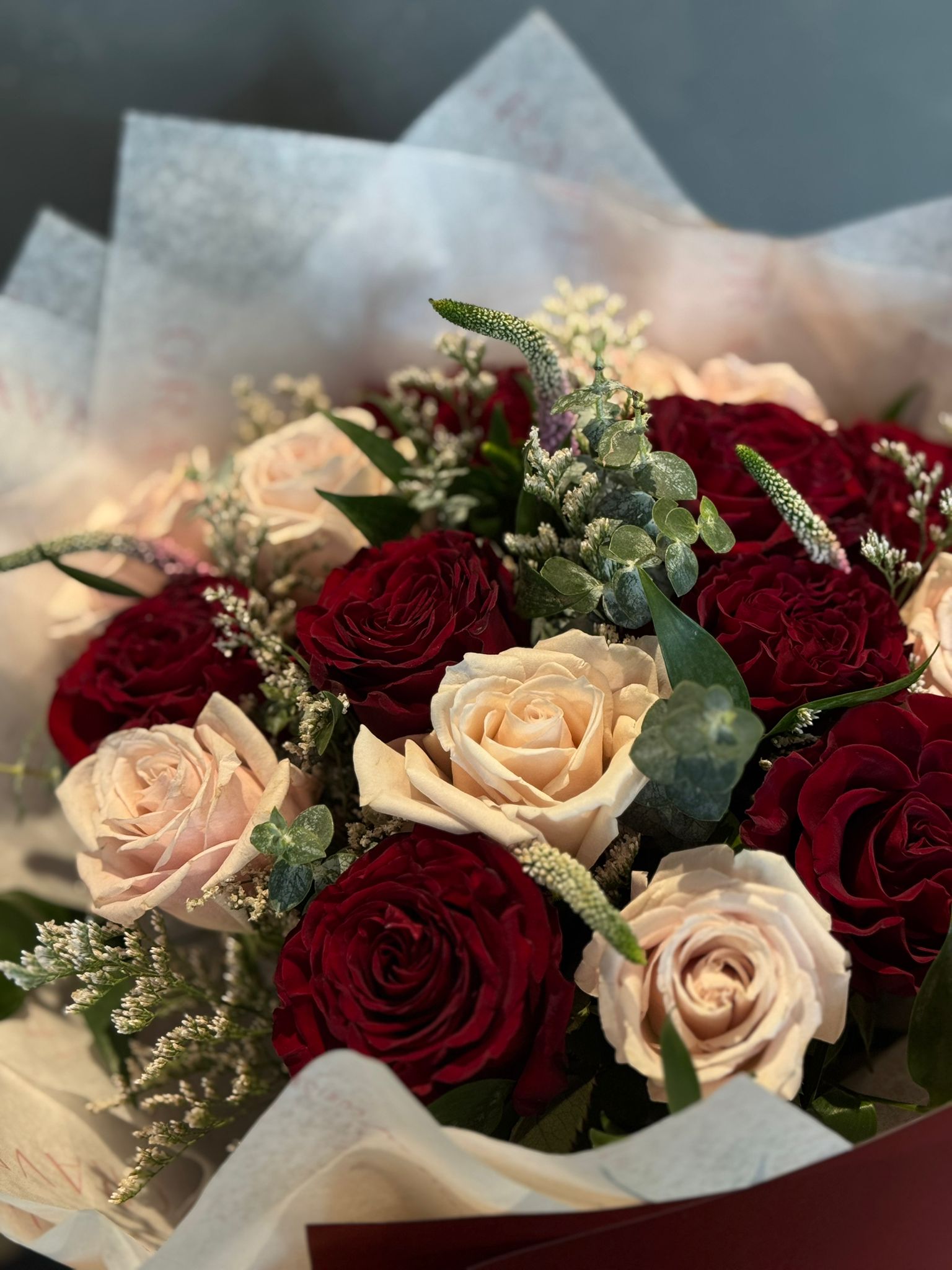 Red Hearts and Pink Eskimo Roses Valentine's Day Bouquet