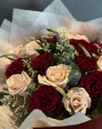 Red Hearts and Pink Eskimo Roses Valentine's Day Bouquet