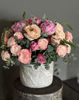 Pink Peonies, Pink Garden Roses, Pink Spray Roses, and Eucalyptus Spiral Floral Arrangement - The Charlotte